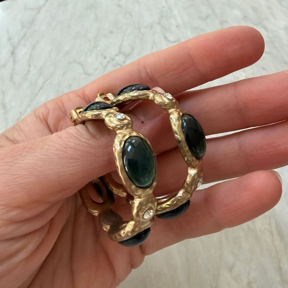 Kenneth Jay Lane vintage gold-tone clip hoop earrings faux emerald cabochons New